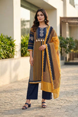 Elegant Navy & Mustard Cotton Kurta Set with Dupatta