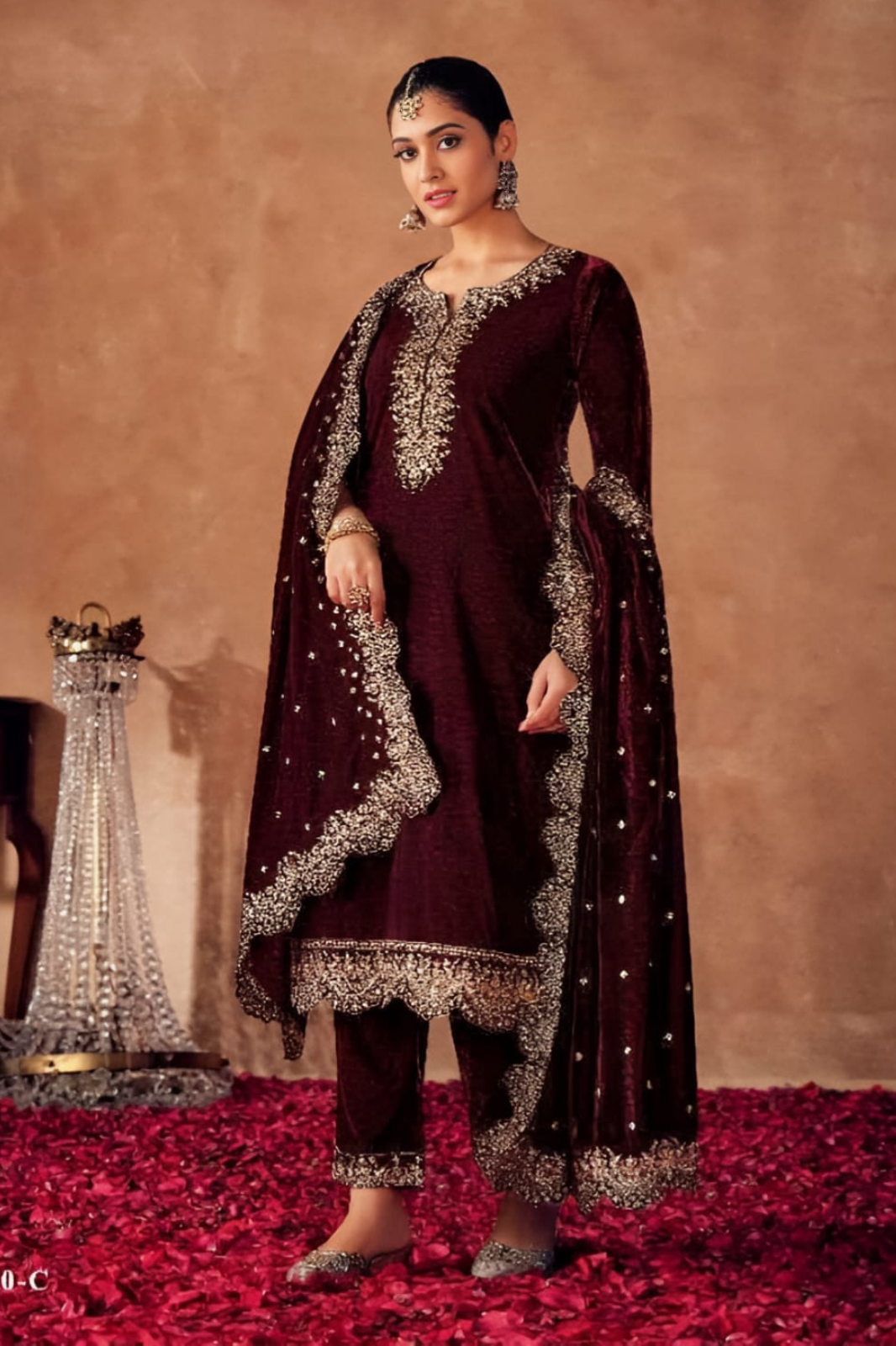 Unstitched Classic Maroon Embroidered Velvet Suit Set