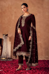 Unstitched Classic Maroon Embroidered Velvet Suit Set