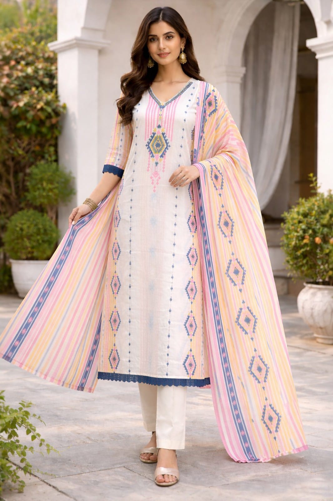 Elegant Off-White Cotton Kurta Set with Pastel Prints & Striped Dupatta