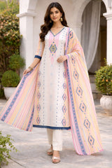 Elegant Off-White Cotton Kurta Set with Pastel Prints & Striped Dupatta