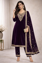 Unstitched Royal Wine Embroidered Velvet Suit Set