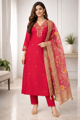 Rani Pink Embroidered Suit Set with Banarasi Dupatta