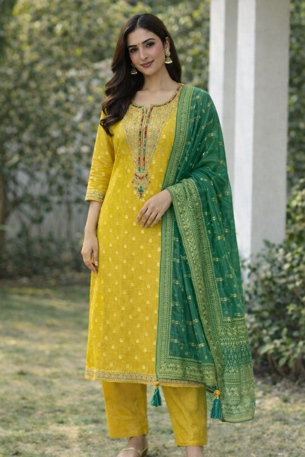 Elegant Mustard Yellow & Teal Green Embroidered Suit Set
