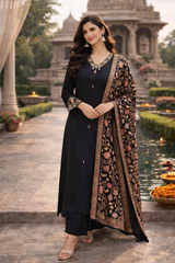 Elegant Black German Rayon Kurta Set with Embroidered Detailing & Digital Dupatta