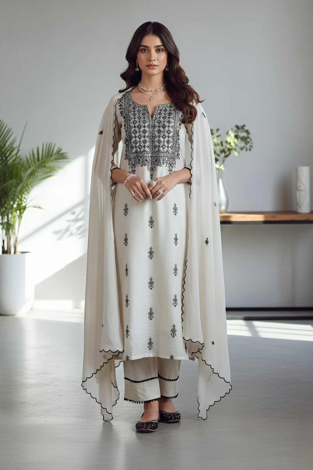Elegant Ivory Roman Silk Kurta Set with Embroidered Yoke & Dupatta