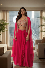 Rani Pink Designer Crop Top with Draped Skirt & Net Jacket