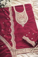 Unstitched Rani Pink Embroidered Velvet Suit Set