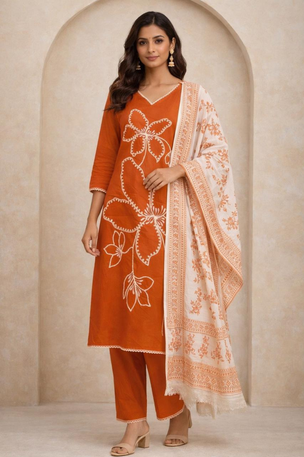 Rust Cotton Kurta Set with Thread Embroidery & Printed Dupatta