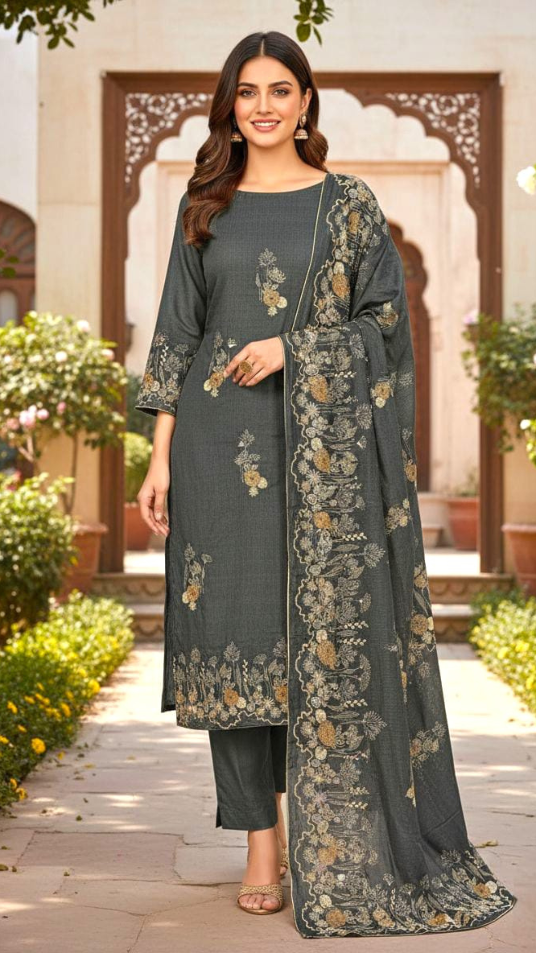 Premium Pashmina Unstitched Suit – Winter Wear | Printed & Embroidered Design