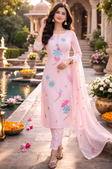 Blush Pink Cotton Embroidered Kurta Set with Scalloped Detailing & Embroidered Dupatta