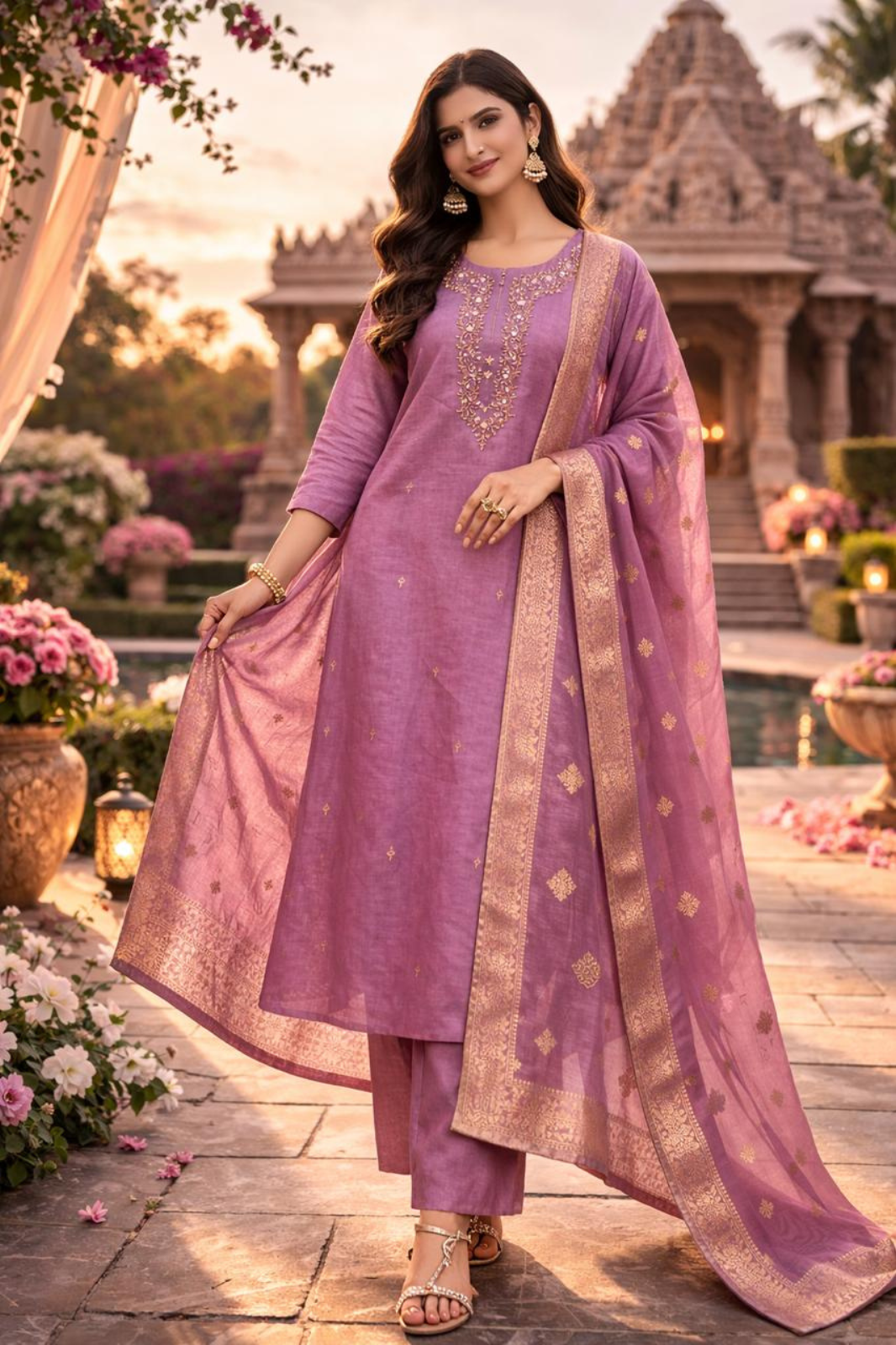 Elegant Mauve Crushed Shimmer Kurta Set with Zari Dupatta
