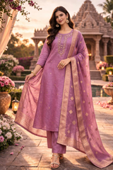 Elegant Mauve Crushed Shimmer Kurta Set with Zari Dupatta