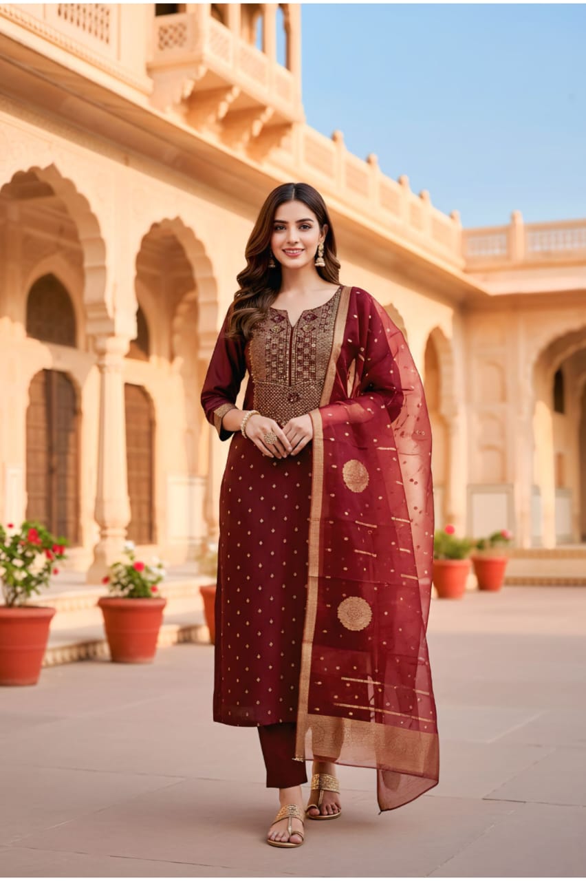 Premium Maroon Embroidered Kurta Set with Dupatta