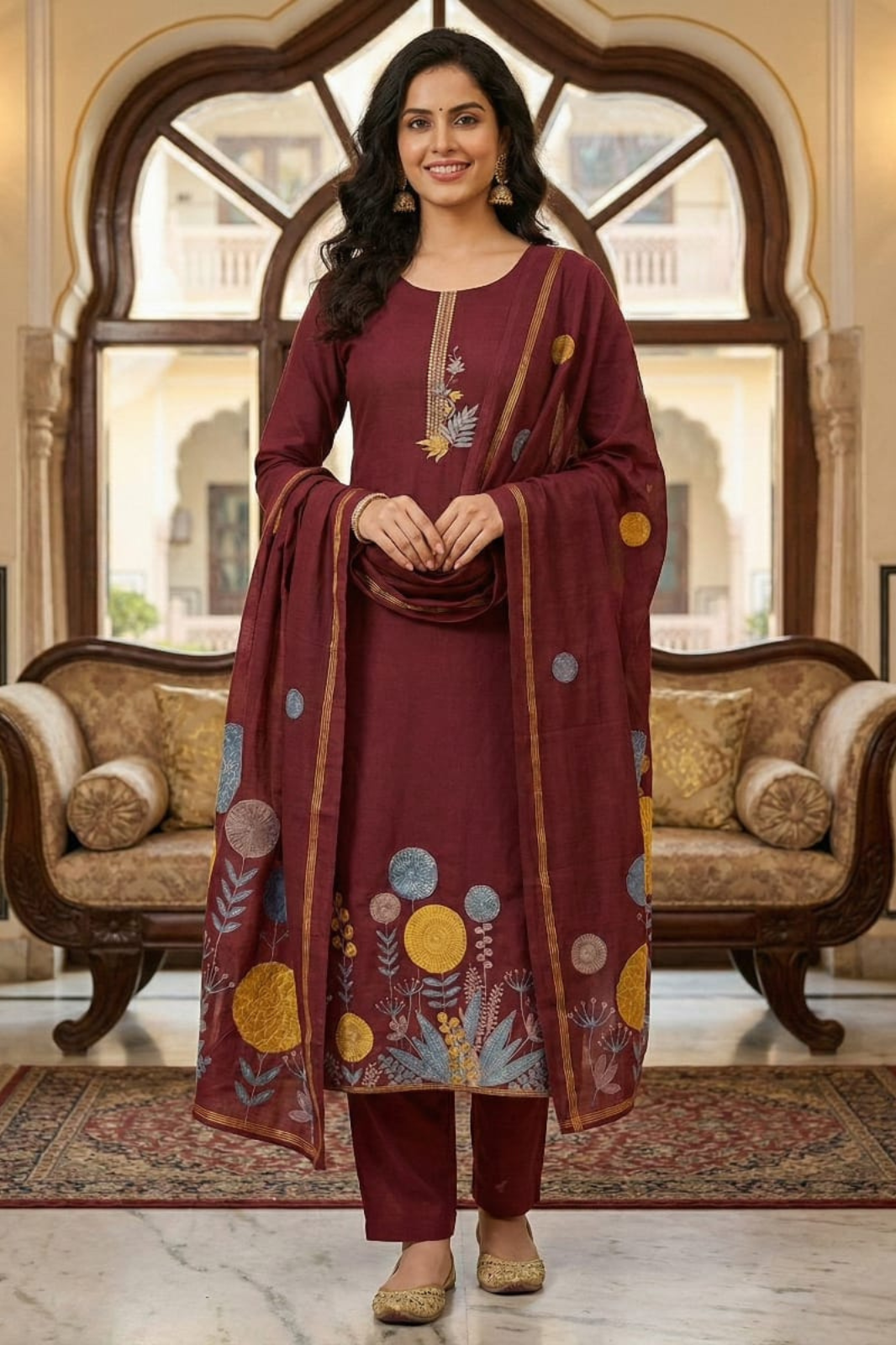 Unstitched Elegant Maroon Pashmina Winter Suit