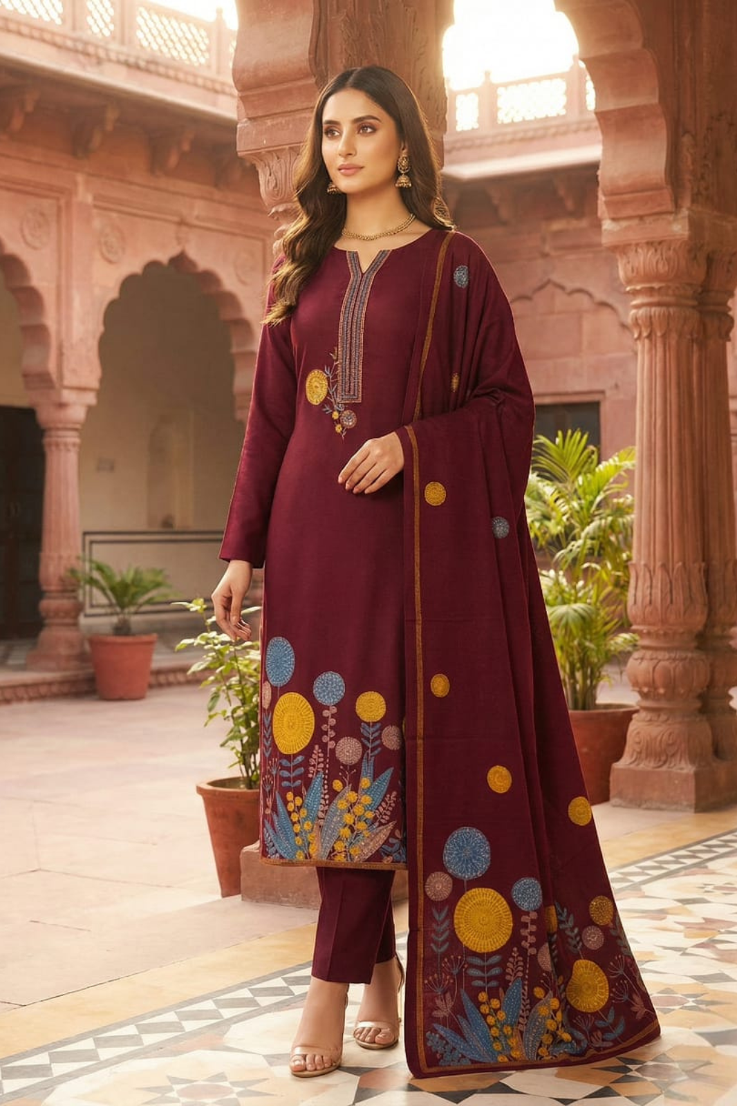 Unstitched Maroon Pashmina Winter Suit– Embroidered Neckline & Printed Dupatta