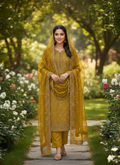 Premium Kota Silk Embroidered Unstitched Suit-Gold Yellow