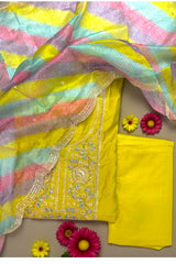 Elegant Embroidered Suit Set with Multicolor Dupatta – Mustard