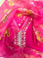 Rani Pink Floral Mirror Embroidered Kurta Set with Organza Dupatta
