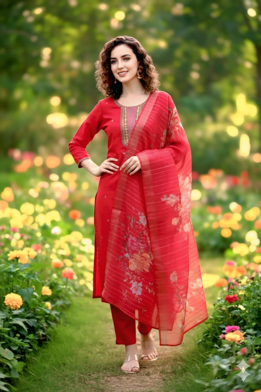 Elegant Red Embroidered Suit Set with Dupatta