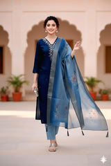 Graceful Navy Blue Embroidered Kurta Set with beautiful Organza Dupatta