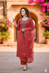 Elegant Coral Embroidered Suit Set with embroidered Organza Dupatta