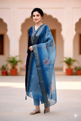 Graceful Navy Blue Embroidered Kurta Set with beautiful Organza Dupatta