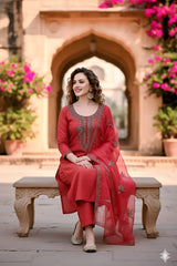 Elegant Coral Embroidered Suit Set with embroidered Organza Dupatta