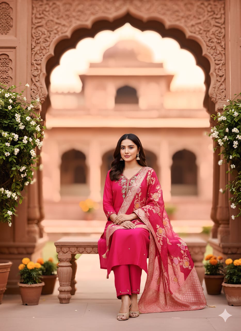 Rani Pink Embroidered Suit Set with Red Banarasi Dupatta