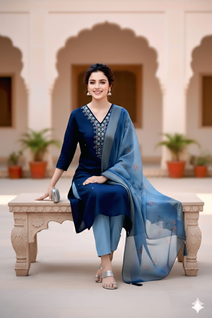 Graceful Navy Blue Embroidered Kurta Set with beautiful Organza Dupatta