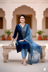 Graceful Navy Blue Embroidered Kurta Set with beautiful Organza Dupatta