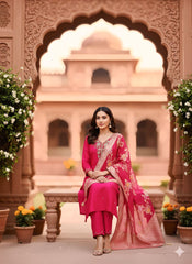 Rani Pink Embroidered Suit Set with Red Banarasi Dupatta