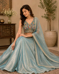 Dusty Blue Fendi Embroidered Lehenga Set with Dupatta (Sleeves Included)