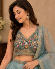 Dusty Blue Fendi Embroidered Lehenga Set with Dupatta (Sleeves Included)