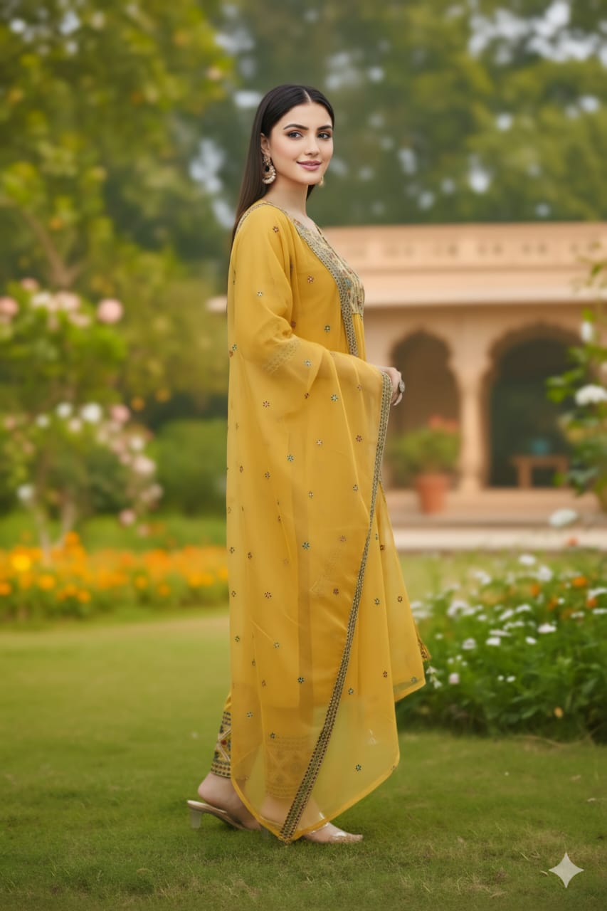 Mustard Yellow Embroidered Kurta Set with embroidered Dupatta