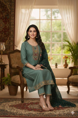 Elegant Sage Green Embroidered Kurta Set with Deep Green full Embroidered Dupatta