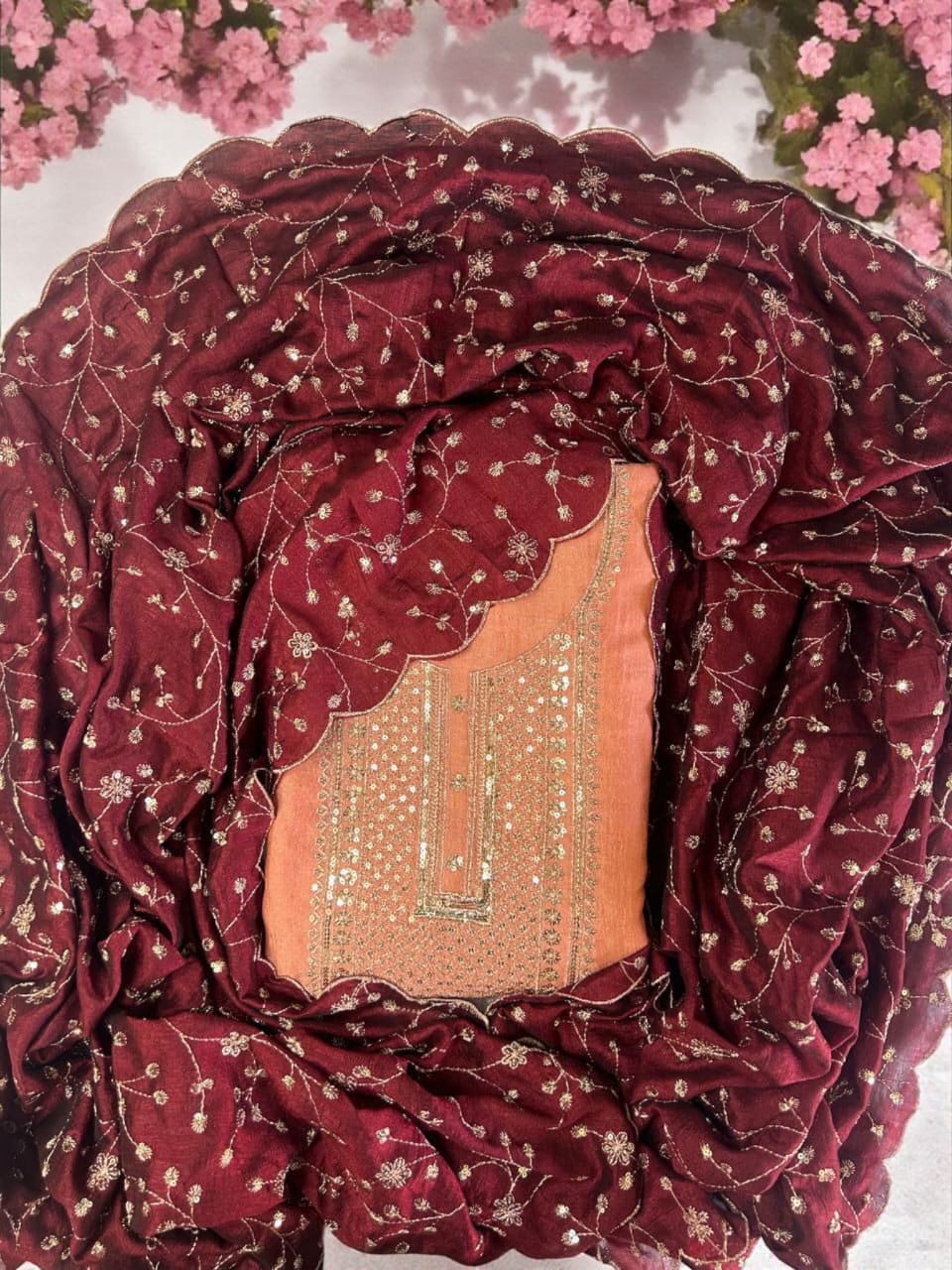 Graceful Vichitra Silk Embroidered Unstitched Suit with Embroidered Jaal Dupatta