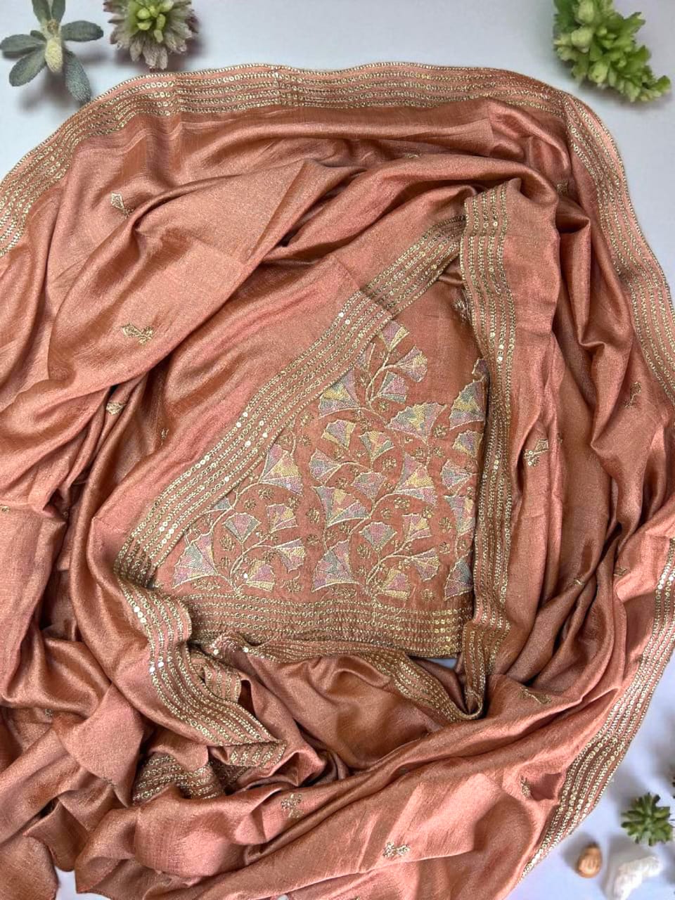 Elegant Vichitra Embroidered Unstitched Suit Set with Dupatta