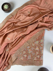 Vichitra Silk Embroidered Unstitched Suit Set with Dupatta-Peach