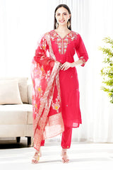 Rani Pink Embroidered Suit Set with Red Banarasi Dupatta