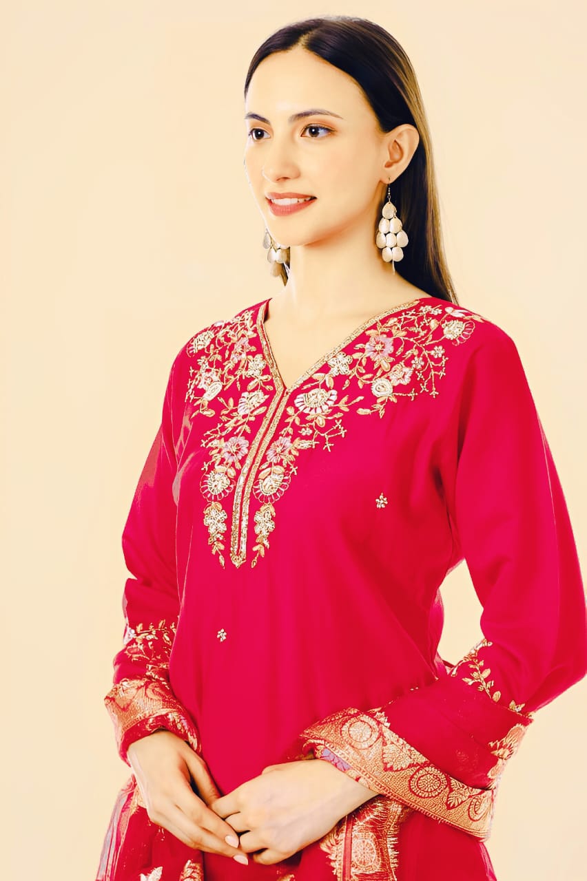 Rani Pink Embroidered Suit Set with Red Banarasi Dupatta