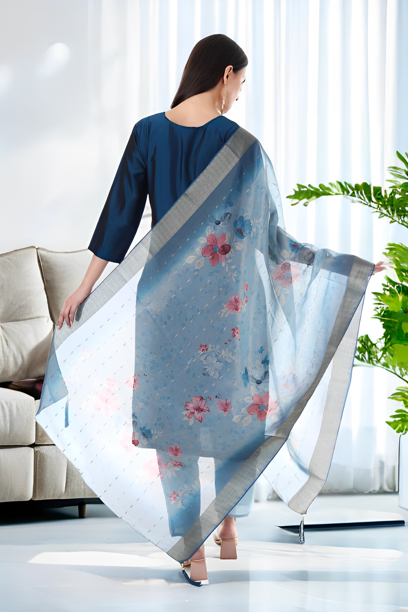 Graceful Navy Blue Embroidered Kurta Set with beautiful Organza Dupatta