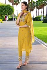 Mustard Yellow Embroidered Kurta Set with embroidered Dupatta