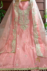 Premium Glass Organza Embroidered Suit Set with Dupatta-Pink