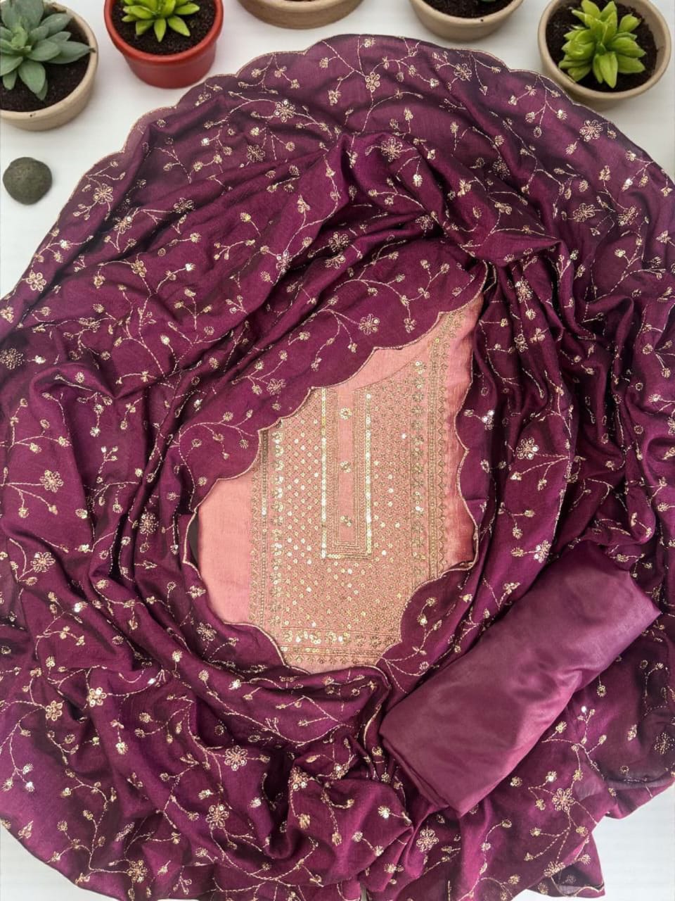 Graceful Vichitra Silk Embroidered Unstitched Suit with Embroidered Jaal Dupatta
