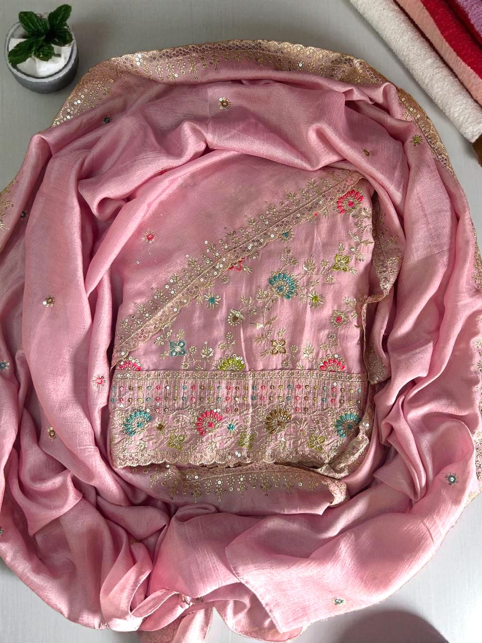 Elegant Vichitra Embroidered Unstitched Suit