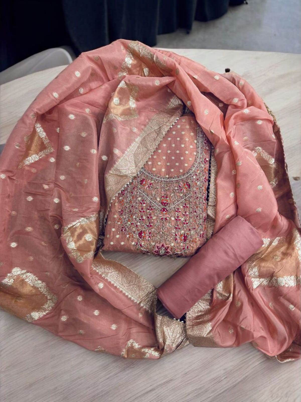 Stunning Shimmer Jacquard Unstitched Suit with Intricate Embroidery & Zari Dupatta