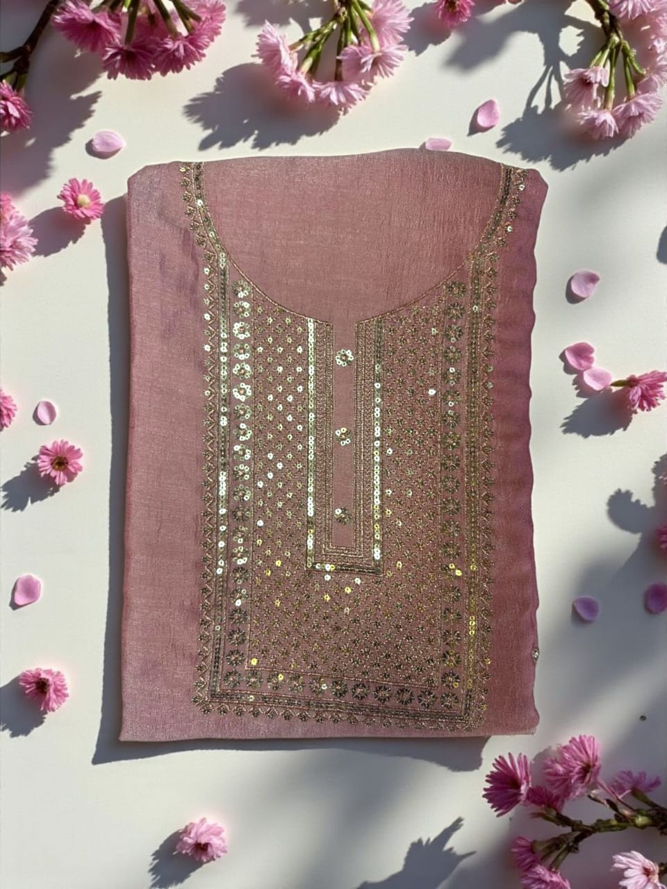 Graceful Vichitra Silk Embroidered Unstitched Suit with Embroidered Jaal Dupatta- Pink