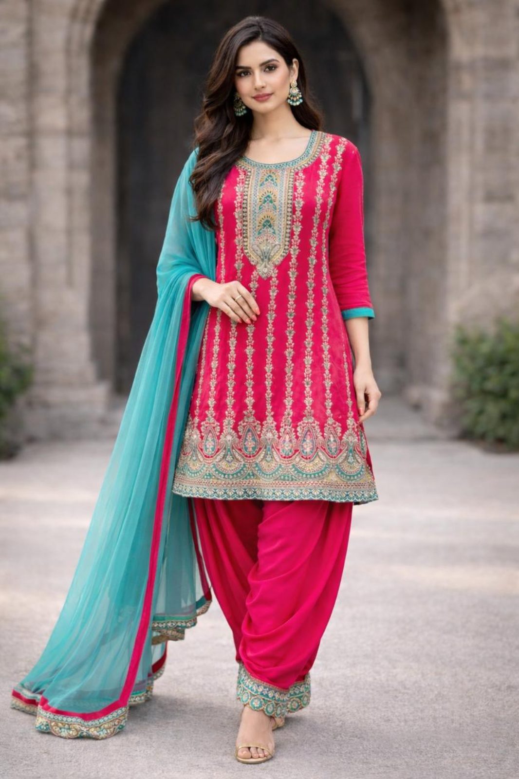 Beautiful Rani Pink & Teal Embroidered Kurta Set with Dupatta