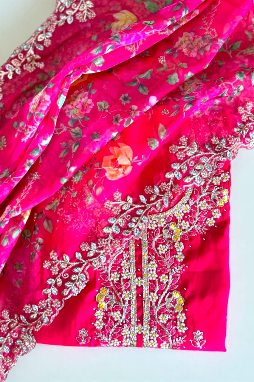 Vibrant Roman Silk Embroidered Unstitched Suit Set-Pink
